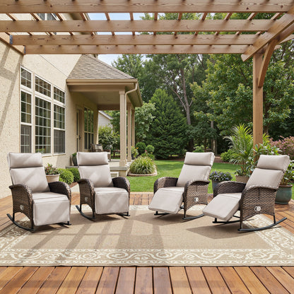 Premium 4-Piece Wicker Rocking Recliner Chair Set with Adjustable Backrest & Footrest, Cushioned PE Rattan Patio Lounge Chairs, NDS Series