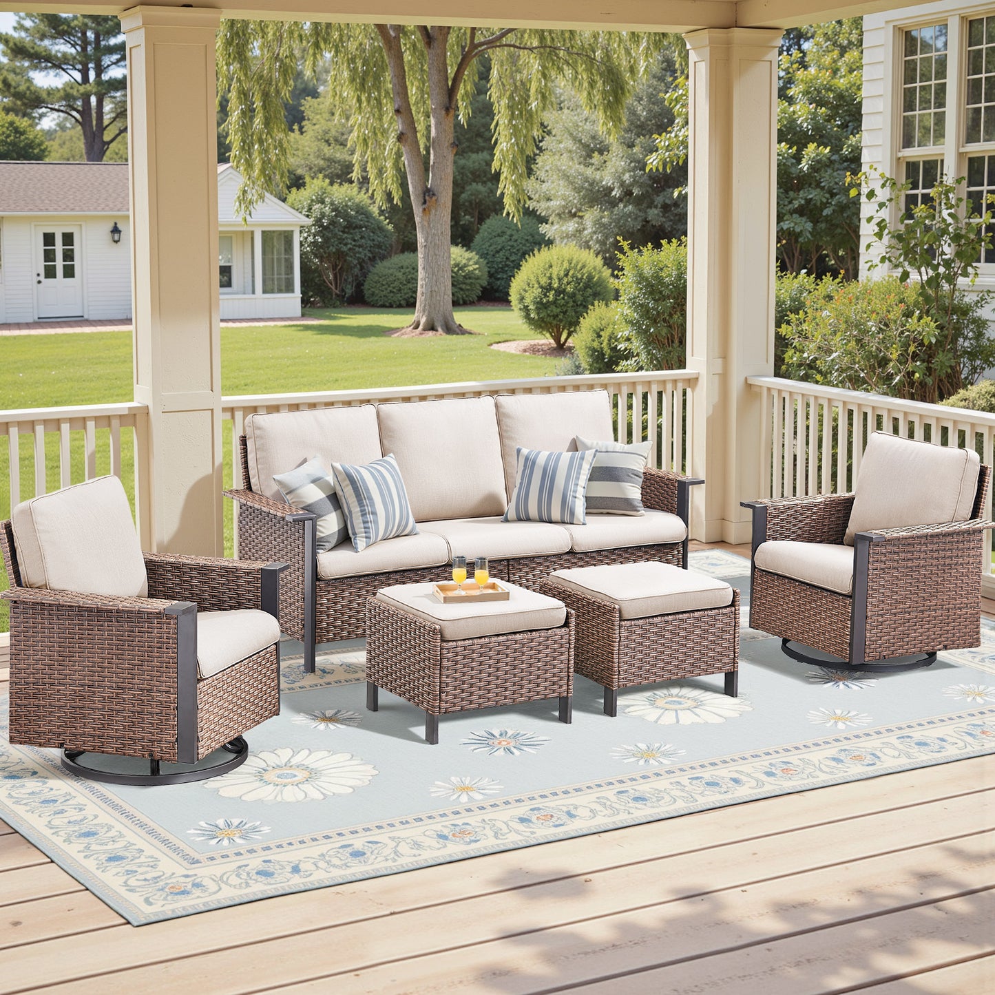 Outdoor Furniture Set for Patio & Poolside — 1 PE Wicker Sofa, 2 Swivel Glider Chairs & 2 Ottomans with Cushions, WNG Series