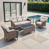 Belord luxury 5-piece patio conversation set with brown wicker, beige cushions, sofa, two chairs, side table, and coffee table.