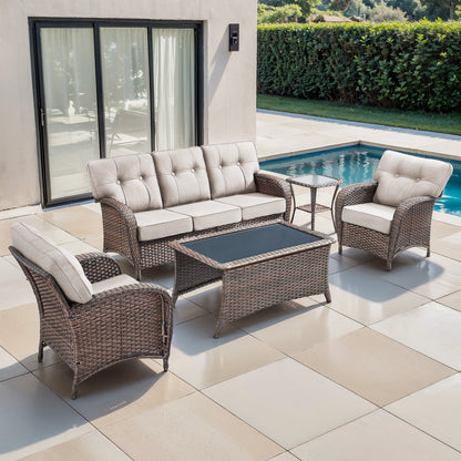 Luxury 5-Piece Patio Conversation Set: 3-Seater Sofa + 2 Patio Chairs + Side Table + Coffee Table – Heavy Duty All-Weather PE Wicker, with 5" Thick Cushions & T-Back Design, T Series