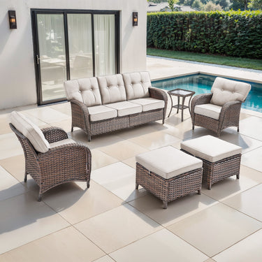 Belord T Series 5-piece patio conversation set with brown wicker, beige cushions, including 3-seater sofa, chairs, ottomans, and side table.
