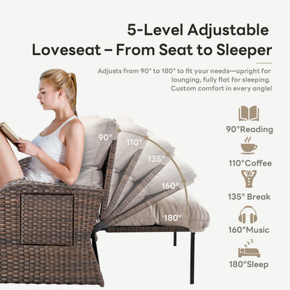Premium 6-Piece Patio Furniture Set - All-Weather PE Wicker Conversation Set with Loveseat Daybed, 2 Recliner Lounge Chairs & 2 Side Table for Poolside, NDS Series