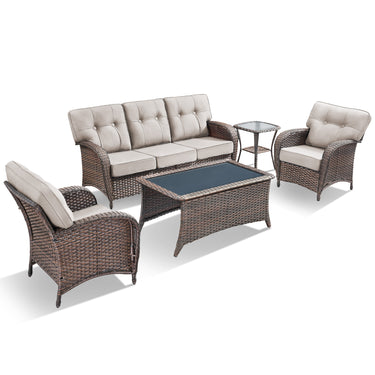 Belord 5-piece patio conversation set with brown wicker, beige cushions, including sofa, chairs, side and coffee tables.