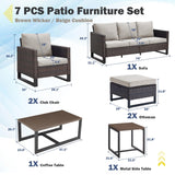 Patio Conversation Set 7-Piece with Sofa, Patio Chairs, Coffee Table, Side Table, and Ottoman, GRS Series - Belord