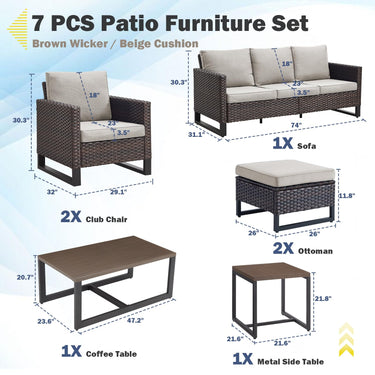Patio Conversation Set 7-Piece with Sofa, Patio Chairs, Coffee Table, Side Table, and Ottoman, GRS Series - Belord
