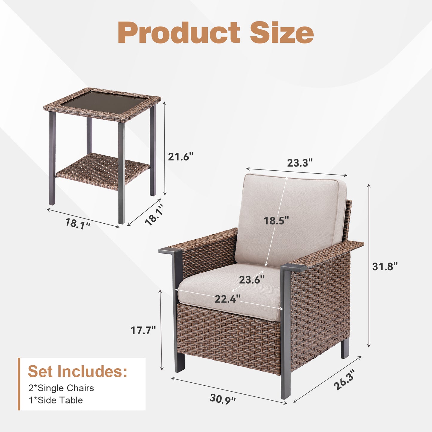 3-Piece Set: Patio Wicker Chairs with Side Table, WNG Series