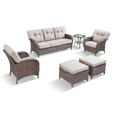 Belord T Series 5-piece patio set with brown PE wicker, beige cushions, includes 3-seater sofa, 2 chairs, side table, and 2 ottomans.