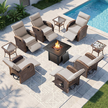 10-Piece Patio Recliner Set with Fire Pit Table & Ottomans, AM Series