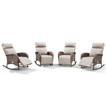 Premium 4-Piece Wicker Rocking Recliner Chair Set with Adjustable Backrest & Footrest, Cushioned PE Rattan Patio Lounge Chairs, NDS Series - Belord