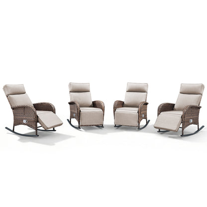 Premium 4-Piece Wicker Rocking Recliner Chair Set with Adjustable Backrest & Footrest, Cushioned PE Rattan Patio Lounge Chairs, NDS Series