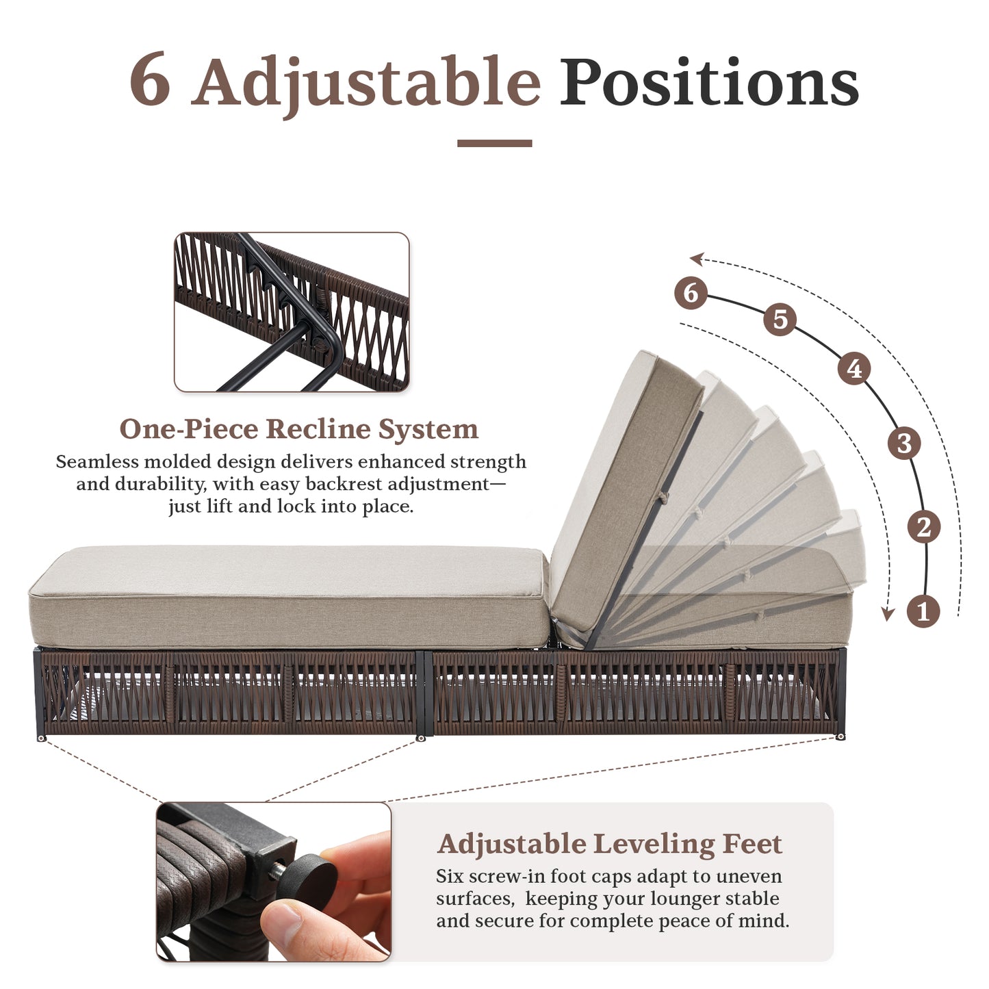 1-Piece Luxury Rattan Chaise Lounge | 6-Position Recline & 5-Inch Cushions, NTC Series