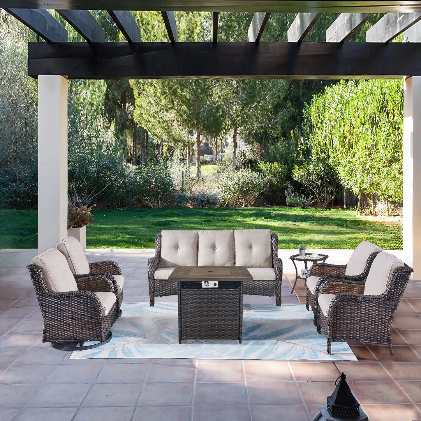Patio Conversation Set 7-Piece with Fire Pit Table, Swivel Glider Chairs, Patio Chairs, Sofa and Side Table, NTC Series