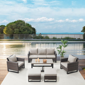 Patio Conversation Set 6-Piece with Sofa, Patio Chairs, Coffee Table, and Ottoman, GRS Series - Belord