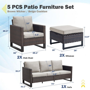 Patio Conversation Set 5-Piece with Sofa, Patio Chairs, and Ottoman, GRS Series - Belord