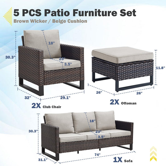 Patio Conversation Set 5-Piece with Sofa, Patio Chairs, and Ottoman, GRS Series