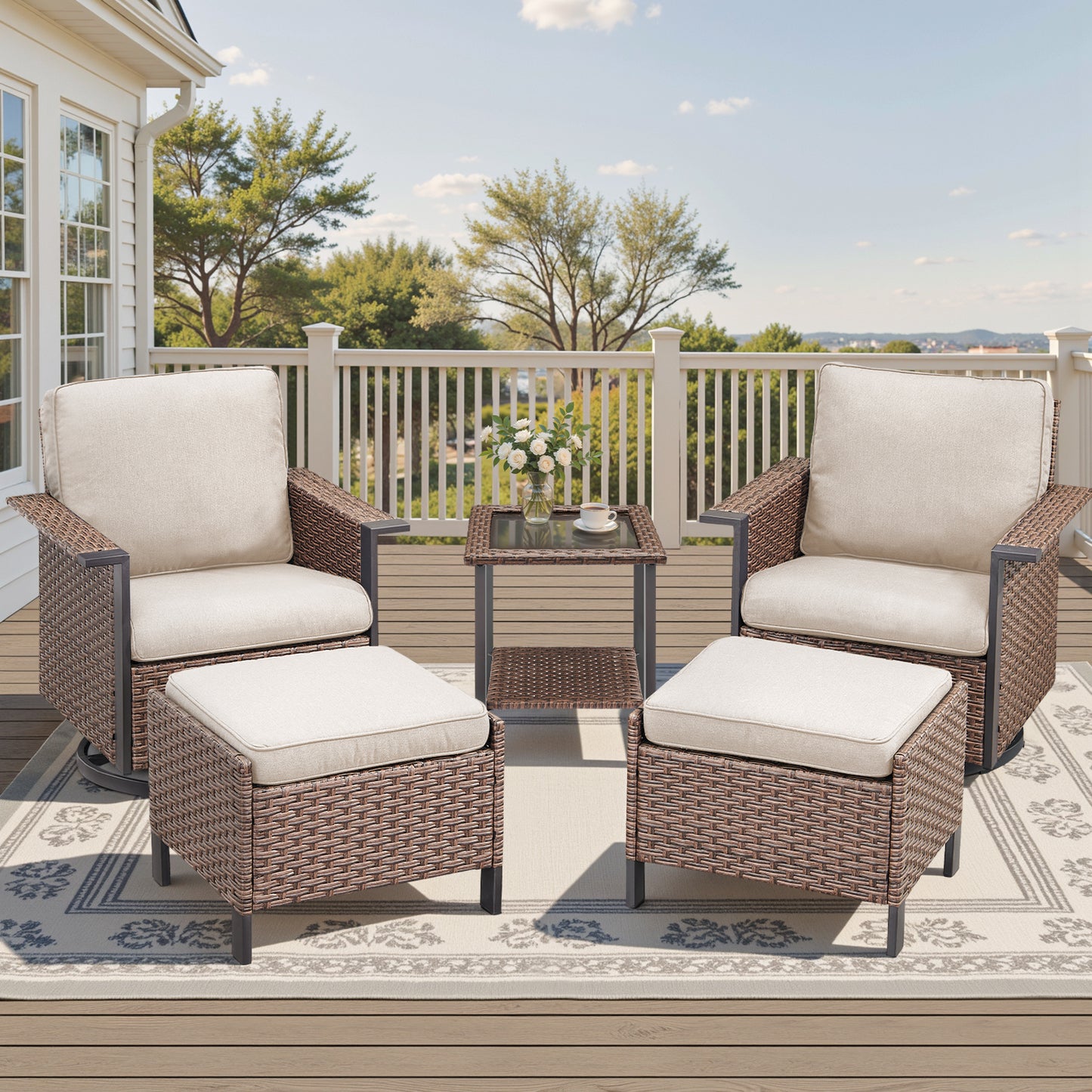 5-Piece Outdoor Swivel Glider Set — High-Back Wicker Chairs, 2 Ottomans & Glass Table, WNG Series