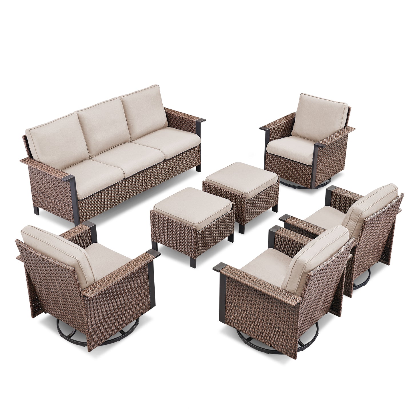 WNG Series: 7-Piece All-Weather Patio Set — 3-Seater Wicker Sofa with 7 Seating Pieces (4 Chairs & 2 Ottomans), WNG Series