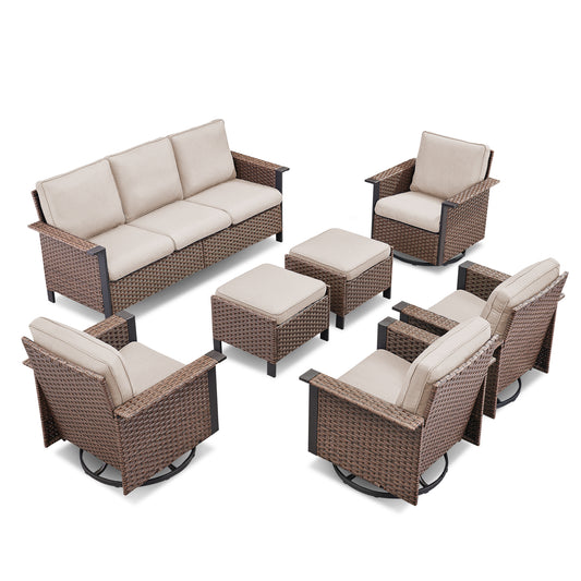 WNG Series: 7-Piece All-Weather Patio Set — 3-Seater Wicker Sofa with 7 Seating Pieces (4 Chairs & 2 Ottomans), WNG Series