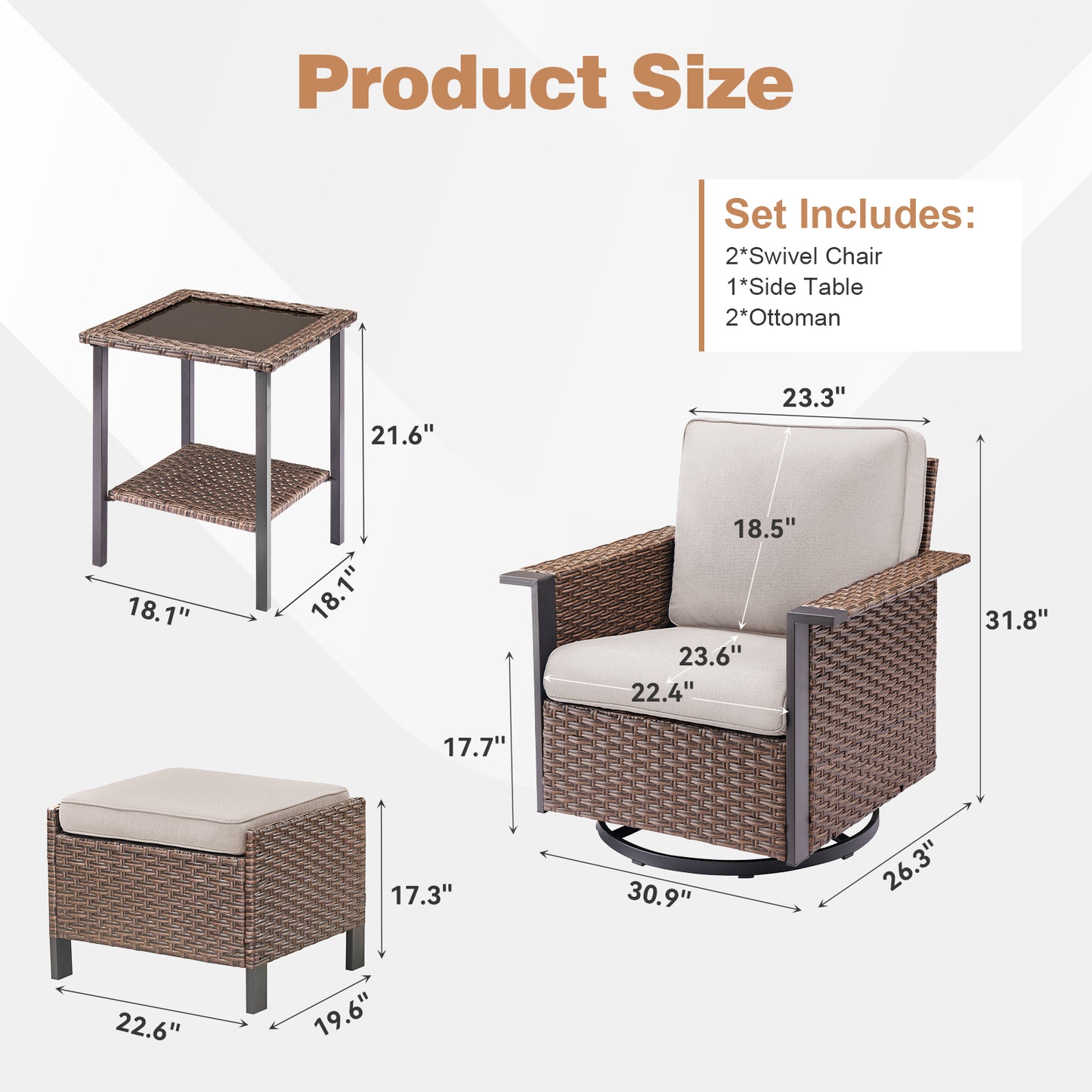 5-Piece Outdoor Swivel Glider Set — High-Back Wicker Chairs, 2 Ottomans & Glass Table, WNG Series