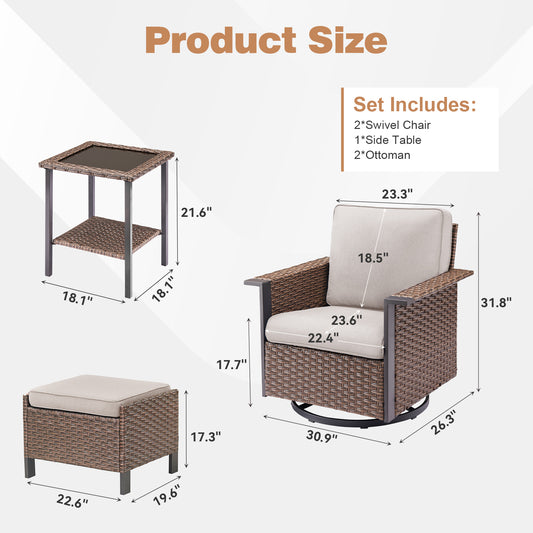 5-Piece Outdoor Swivel Glider Set — High-Back Wicker Chairs, 2 Ottomans & Glass Table, WNG Series