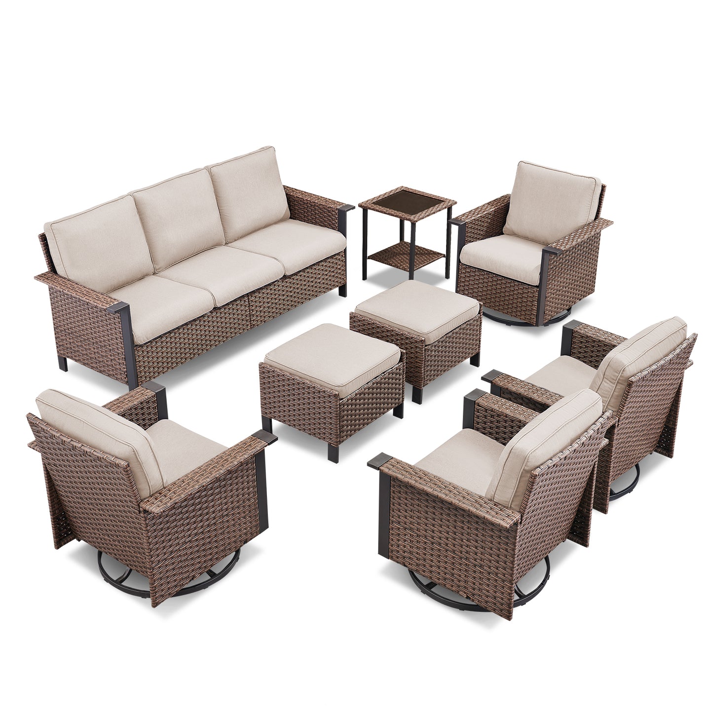 8-Piece Wicker Patio Set: All-Weather 3-Seater Sofa with 4 Swivel Rocker Chairs & 2 Ottomans & Rattan Side Table, WNG Series