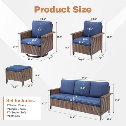7-Piece All-Weather Wicker Patio Furniture Set: 1 Sofa, 2 Swivel Chairs, 2 Patio Chairs, 2 Ottomans, WNG Series