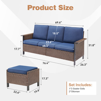 All-Weather Rattan Patio Sofa Set (3 PCS) — High-Back 3-Seater Deep Seat Couch with Ottomans, WNG Series