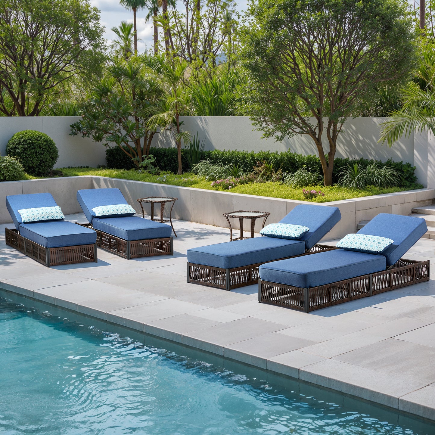 6-Piece Wicker Patio Lounge Set – 4 Adjustable 76.8" Chaise Lounges with 5-Inch Cushions + 2 Side Tables, NTC Series