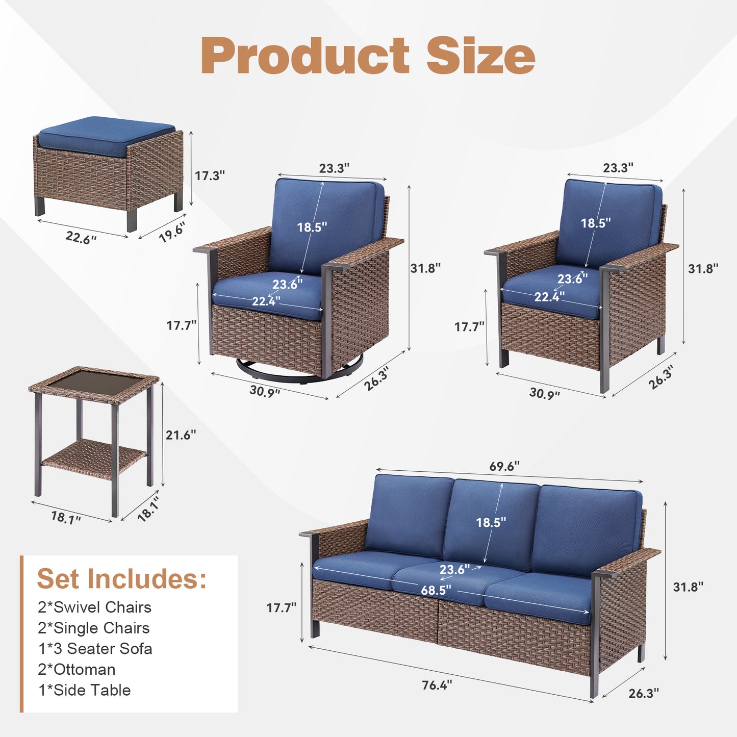 8-Piece Patio Set with Swivel Chairs: All-Weather Wicker 3-Seater Sofa, 2 Ottomans & Rattan Side Table, WNG Series