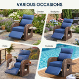 Belord outdoor patio recliner chair with extendable ottoman, foldable table, brown wicker frame, and blue cushion for relaxing outdoors.