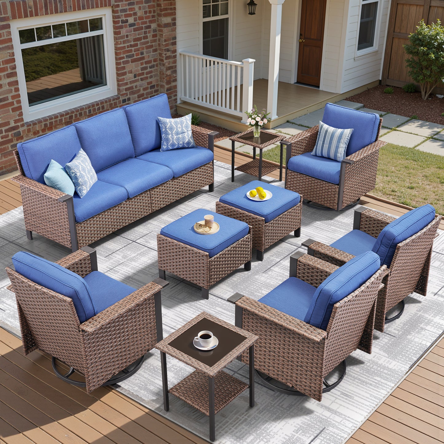 Complete 9-Piece Outdoor Lounge Set — Rattan-Style Sofa & 4 Swivel Rocker Chairs, WNG Series