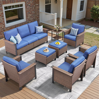 Outdoor Patio Furniture Set (8-Piece): All-Weather Wicker Sofa & 4 Patio Chairs & 2 Ottomans & Side Table, WNG Series