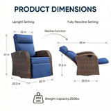 Belord outdoor patio recliner chair with extendable ottoman and foldable table, featuring brown wicker and blue cushion.