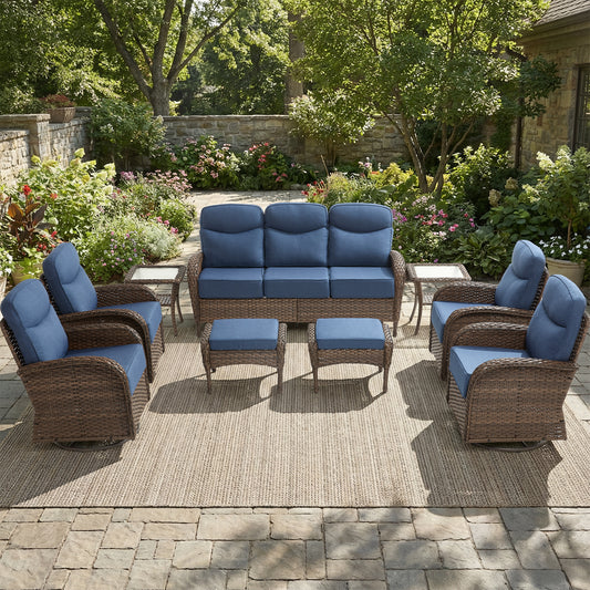 9-Piece Outdoor Conversation Set – Heavy-Duty Swivel Rockers, Waterproof Wicker for Large Deck Spaces, ND Series - Belord