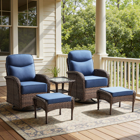 Upscale 5-Piece Swivel Chair Patio Set – Hand-Woven Wicker, 6" Cushions & Ottomans for Premium Garden Comfort, ND Series - Belord