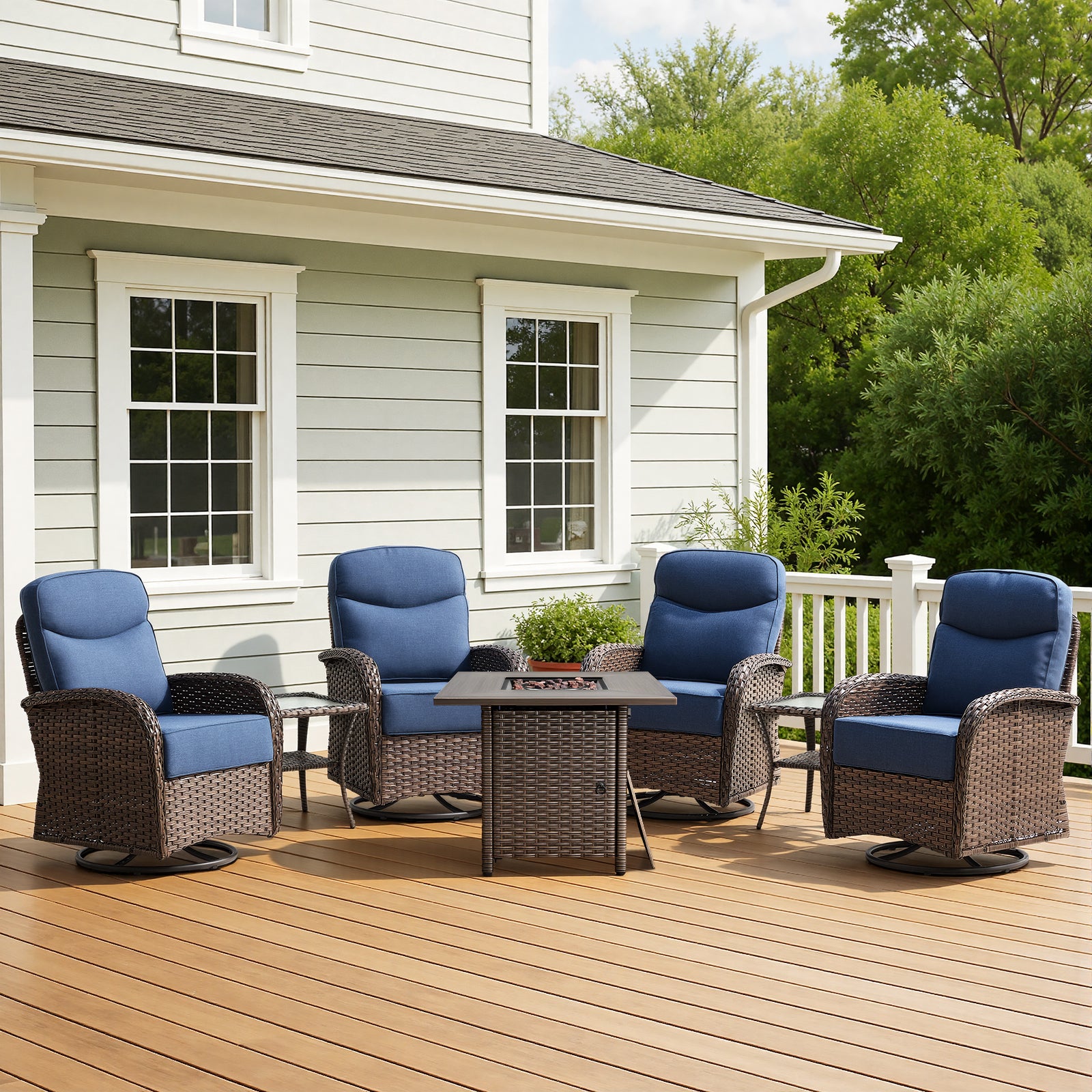 Premium 7-Piece Patio Swivel Chair Set with Square Wicker Fire Pit Table – Cozy Garden Lounge Style, ND Series - Belord