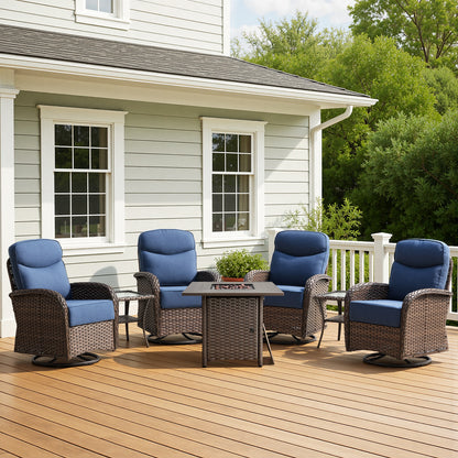 Premium 7-Piece Patio Swivel Chair Set with Square Wicker Fire Pit Table – Cozy Garden Lounge Style, ND Series - Belord