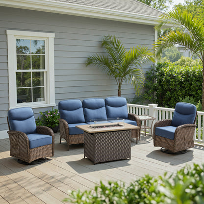 Luxury 5-Piece Rattan Patio Furniture Set with Wicker Fire Pit Table – 6" Cushions for Garden & Backyard Living, ND Series - Belord