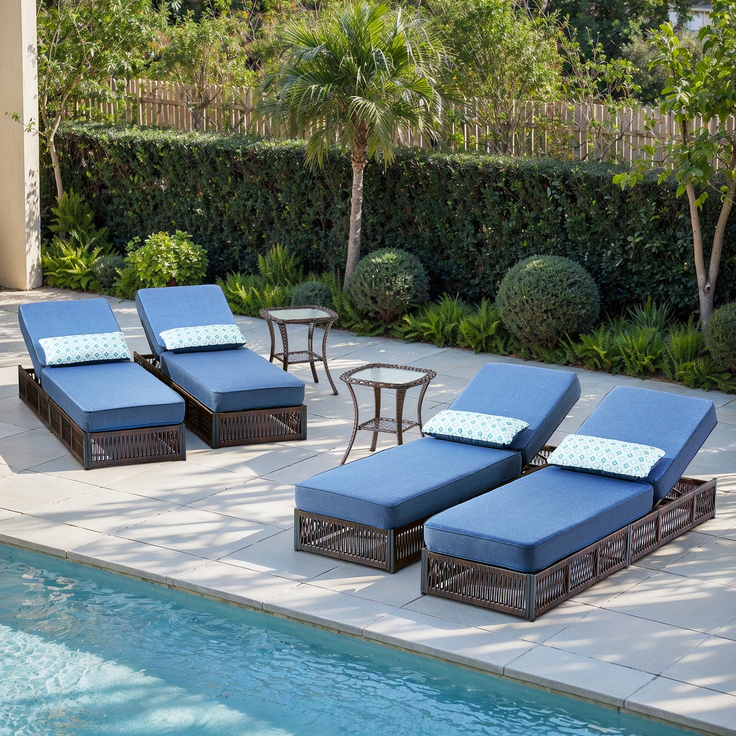6-Piece Wicker Patio Lounge Set – 4 Adjustable 76.8" Chaise Lounges with 5-Inch Cushions + 2 Side Tables, NTC Series