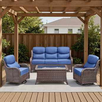 Belord 4-piece patio wicker sofa set with blue cushions, includes swivel chairs, perfect for outdoor conversation and relaxation.