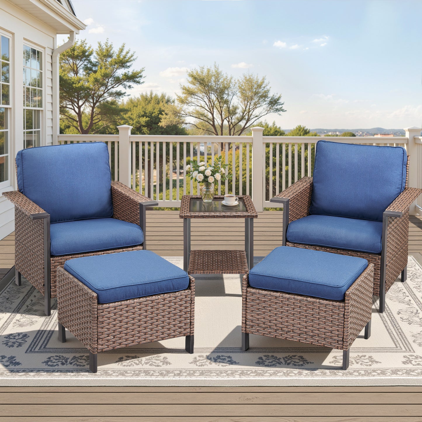 5-Piece Patio Set: 2 High-Back Wicker Patio Chairs, 2 Ottomans & 1 Glass Side Table, WNG Series