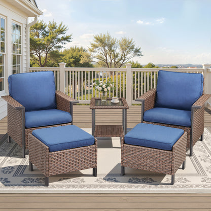 5-Piece Patio Set: 2 High-Back Wicker Patio Chairs, 2 Ottomans & 1 Glass Side Table, WNG Series