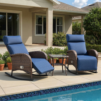 Luxury 3-Piece Adjustable Rocking Set - PE Wicker Recliners with Side Tables, NDS Series - Belord