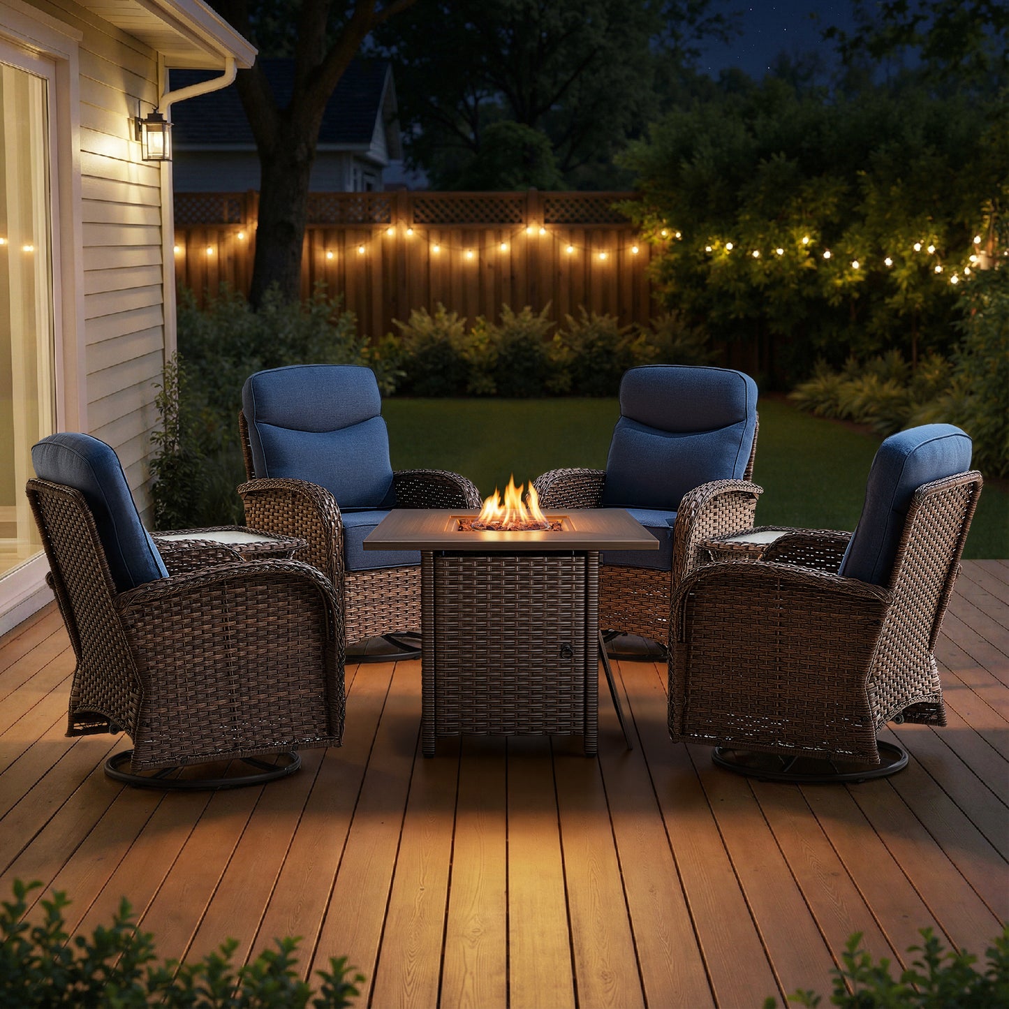 Premium 7-Piece Patio Swivel Chair Set with Square Wicker Fire Pit Table – Cozy Garden Lounge Style, ND Series - Belord