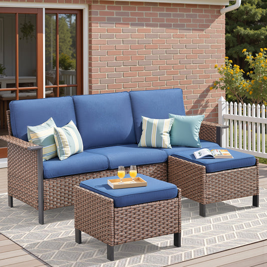 All-Weather Rattan Patio Sofa Set (3 PCS) — High-Back 3-Seater Deep Seat Couch with Ottomans, WNG Series