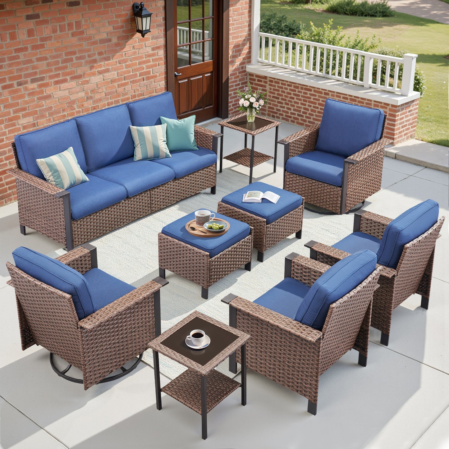 Large 9-Piece Conversation Set — Sofa, 4 Chairs (2 Swivel & 2 Patio Chairs), 2 Ottomans, 2 Side Tables, WNG Series
