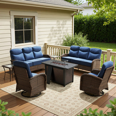 Modern 7-Piece Patio Conversation Set with Rectangular Fire Pit Table – All-Weather Wicker & High Back Comfort, ND Series - Belord