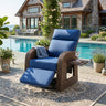 Belord outdoor patio recliner chair with extendable ottoman and foldable table, brown wicker design with blue cushion for outdoor relaxation.