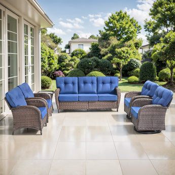 Belord luxury 6-piece patio conversation set with brown PE wicker, blue cushions, includes 3-seater sofa, swivel rockers, chairs, and side table