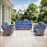 Belord luxury 6-piece patio conversation set with brown PE wicker, blue cushions, includes 3-seater sofa, swivel rockers, chairs, and side table